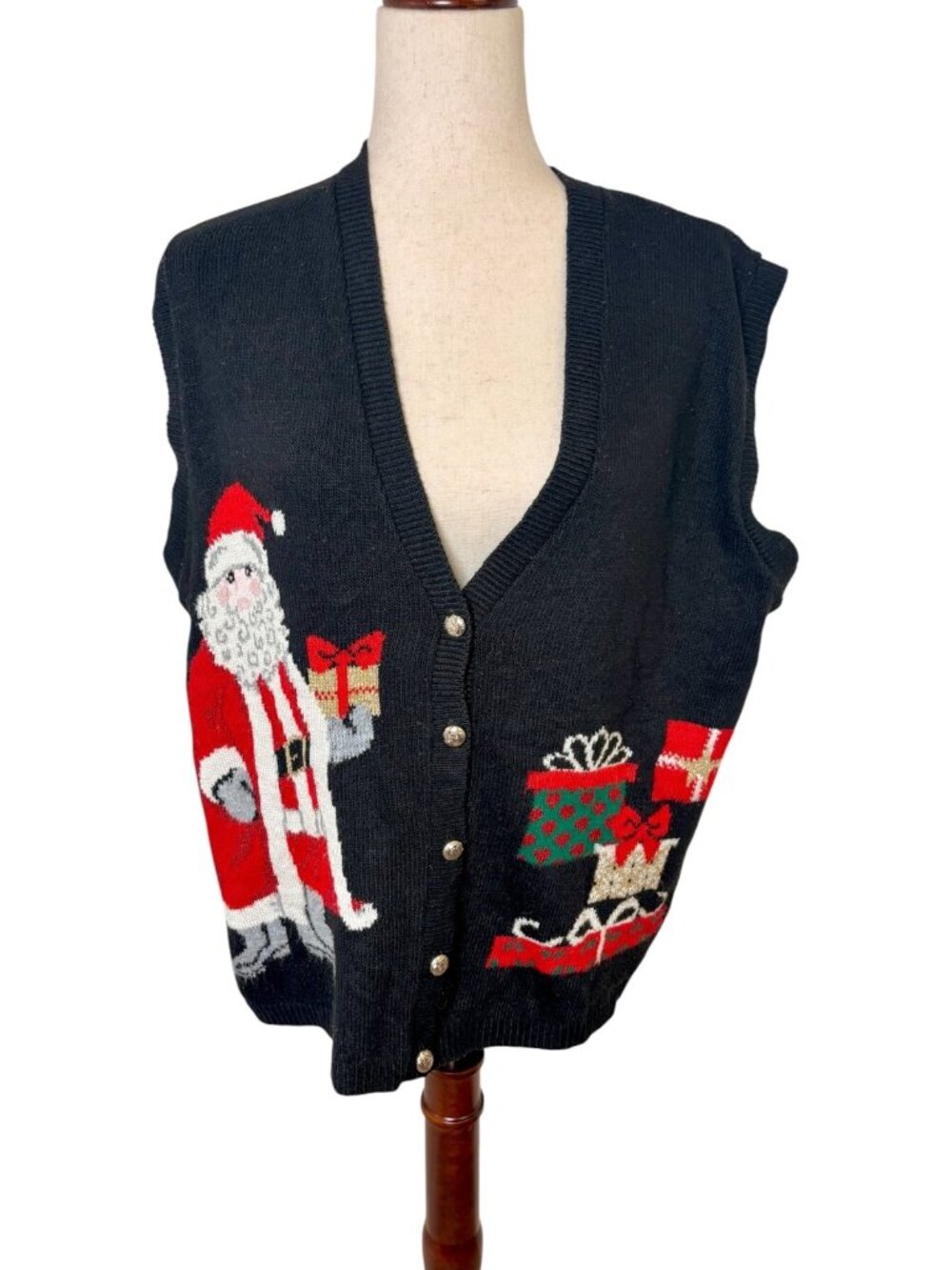 Vintage 90s Southern Lady Black Ugly Christmas Sweater Vest Santa Extra Large